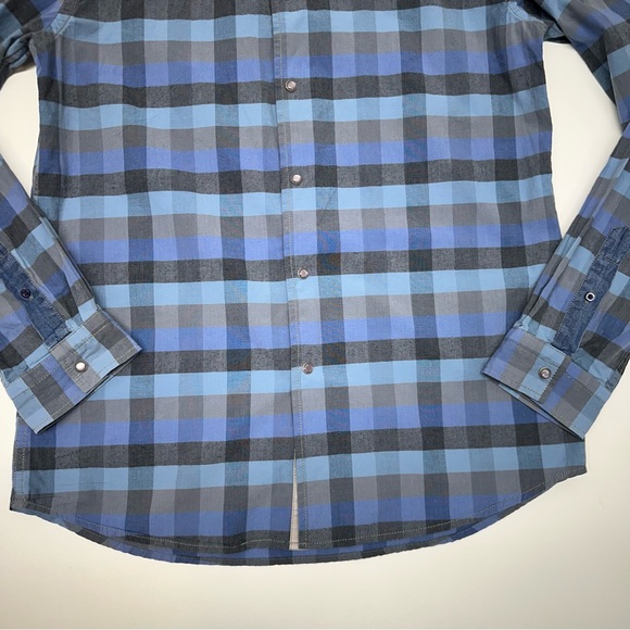Morse Code Men’s Button Down Plaid Denim Shoulder Patch Long Sleeve Shirt Size L - Picture 3 of 8